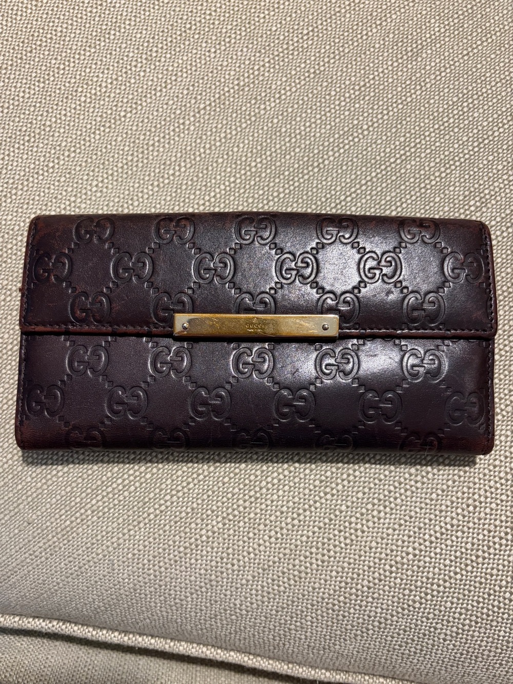 Authentic Gucci Brown Leather Continental Wallet with Embossed GG